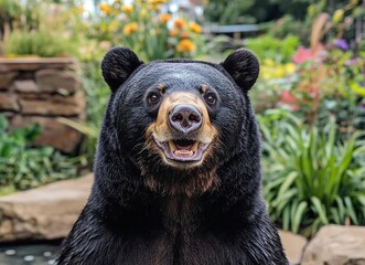 Fototapeta premium Close-up portrait of a majestic black bear, its dark fur gleaming, set against a vibrant backdrop of colorful flowers and lush greenery. A gentle and curious expression.