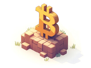 Bitcoin symbol on a stylized block formation, evoking themes of cryptocurrency and digital finance.