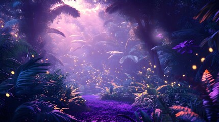 Enchanted forest pathway illuminated by magical lights, with lush greenery and vibrant flora