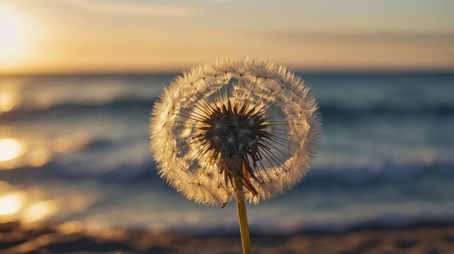 A dandelion seed head silhouetted against a sunset over the ocean.