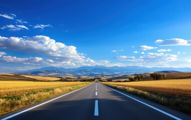 A scenic road stretches through golden fields under a vibrant blue sky, leading towards distant mountains.