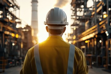 A worker in safety gear observes an industrial landscape at sunset, symbolizing diligence and dedication in a manufacturing environment.