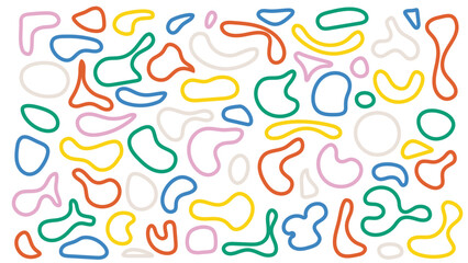 Abstract organic liquid blobs with colorful outlines, ideal for speech bubbles and creative backgrounds. High quality vector set with irregular shapes for modern decor.