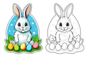 Adorable Easter bunny with colorful eggs, presented in both vibrant and coloring book styles. Ideal for holiday decor, greeting cards, and children's coloring activities. High quality vector art