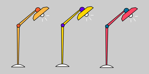 Set of floor lamp in flat outline style. Reading light in cartoon style. Vector clipart icon. Table desk lamp.