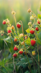 Obraz premium Red and unripe wild strawberries on the bush. Flowers and berries on the bush 