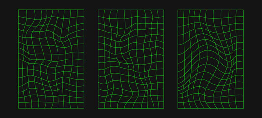Abstract wireframes, cyberpunk elements and perspective green grids and spheres. Surreal geometric retro futuristic set. Psychedelic y2k shapes. Rave vector elements and signs in trendy psychedelic.