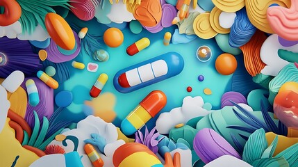 Vibrant 3D Render of Medicine Amidst Colorful Organic Forms AI Generated