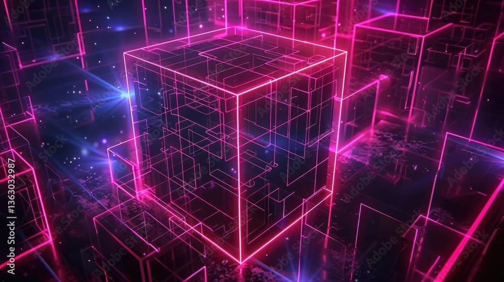 Poster abstract glowing cube structure in sci-fi landscape at sunset. digital artwork of 3d rendering of cu