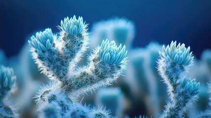 Stunning Teddy Bear Cholla Cactus Surrounded by Awe-Inspiring Beauty at Joshua Tree National Park with a Vibrant Blue Background