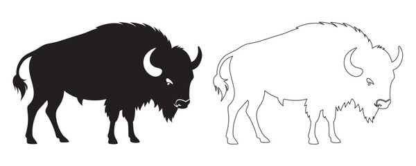 Bison buffalo vector silhouette, outline vector illustration on white background © Badhon