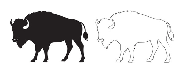 Bison buffalo vector silhouette, outline vector illustration on white background