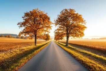 Naklejka premium A scenic road flanked by vibrant autumn trees, leading into a calm landscape under a clear blue sky at sunrise.