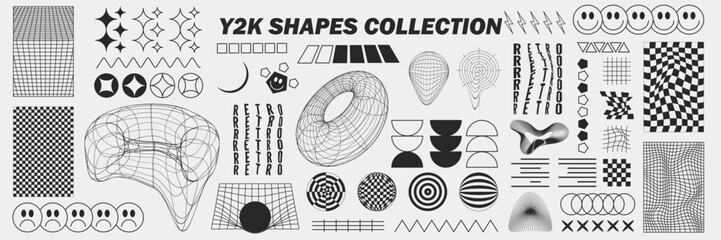 Abstract geometry wireframe shapes and patterns, cyberpunk elements, signs and perspective grids. Surreal geometric retro signs. Rave psychedelic futuristic Y2k acid aesthetic set. Vector illustration