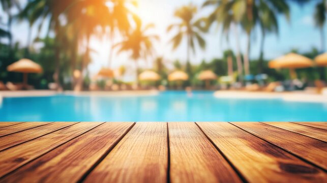 Empty wooden table with a blurred swimming pool background at a tropical beach resort, creating a relaxing outdoor summer vacation and spa atmosphere. Perfect for product display and presentation.