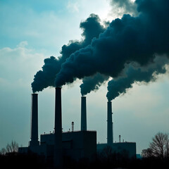 Four tall smokestacks emit heavy dark smoke, silhouetted against a cloudy sky.