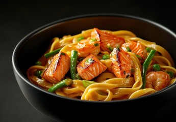 Fototapeta premium Delicious salmon pasta dish featuring grilled salmon, fettuccine, green beans, and peas served in a stylish black bowl on a dark background