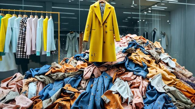 Fashion store interior with yellow coat on pile of mixed clothes under spotlight