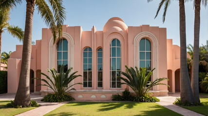 Fototapeta premium Art Deco residence featuring pastel peach exterior surrounded by tropical landscaping under clear skies