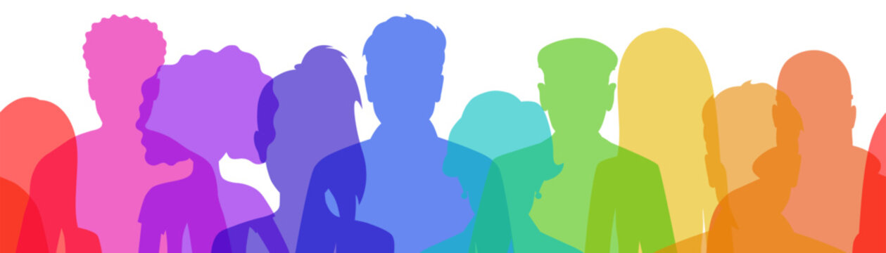 Seamless vector diversity set of different people silhouettes in rainbow colors.