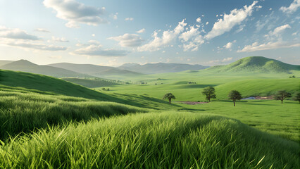 Obraz premium Green Grass Meadow Outdoor 3D Illustration Background for Nature and Landscape Designs