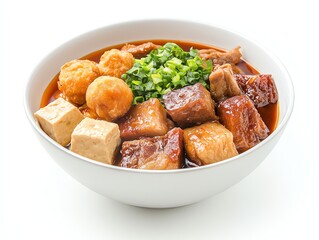 Delicious Braised Pork Belly Bowl with Tofu and Green Onion Garnish
