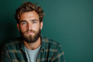 Man with a beard and plaid shirt, walking in the forest amidst towering pine trees, bathed in golden sunlight filtering through the branches.