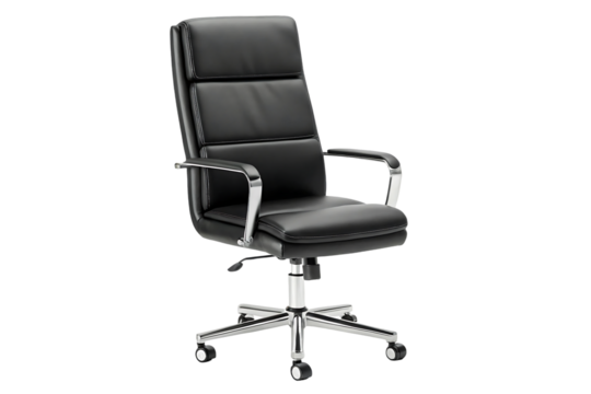 This ergonomic black leather office armchair, a comfortable furniture for business work, is an isolated object with a wheel, ready to sit empty against a white interior - Powered by Adobe