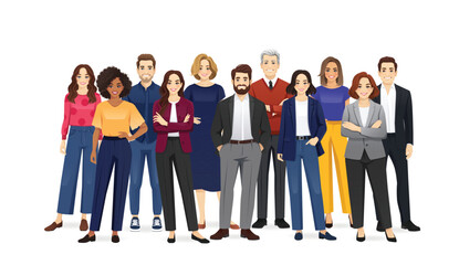 Fototapeta premium Group of happy diverse multiethnic business people standing together. Team of colleagues in different ages. Isolated vector illustration.