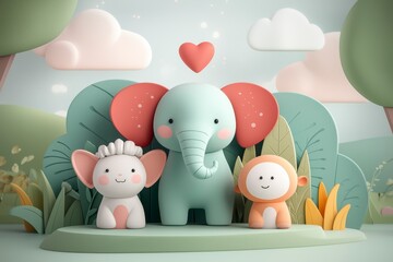 Adorable Cartoon Elephant, Dog, and Monkey in a Pastel Green Landscape