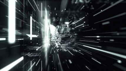 Abstract digital tunnel with glowing blue and orange light. Digital artwork of portal made from geometric shape with vibrant color. Futuristic technology and cyber concept for design and print. AIG53.