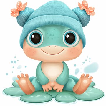 recommend clip art: Adorable Cartoon Frog in Knitted Hat Sitting on Lily Pad