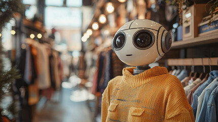 Elegant AI robot consultant offers personalized fashion choices in a modern, futuristic clothing store setting