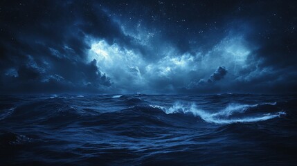 Fototapeta premium Dark ocean under a stormy night sky, deep blue mist rolling over the haunted waters, eerie and unsettling.