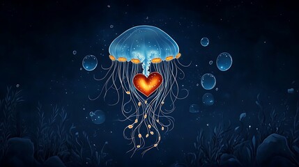 Glowing Jellyfish with Heart Illustration: Deep Sea Digital Painting AI Generated