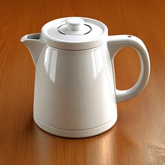 Fototapeta premium A shiny white electric kettle rests on a wooden surface