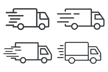 Set of Transport Icons. Vector Pack of Four Express Delivery Trucks – Clean Outline Icons with Motion Graphics for Speed and Transport
