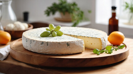 A piece of fragrant cheese on a wooden tray in a bright kitchen