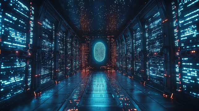 Futuristic digital vault with glowing fingerprint scanner and encrypted data streams in a secure server room