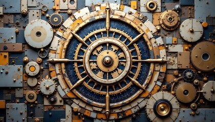 Fototapeta premium The abstract clockwork painting in the 3D rendering features a mesmerizing mix of geometric shapes and intricate mechanical patterns, giving the illusion of movement and depth within the artwork.