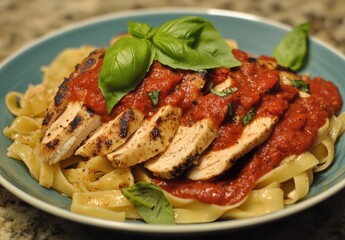 Deliciously Grilled Chicken Breast with Fresh Basil and Marinara Sauce on Fettuccine Pasta Perfect for Italian Cuisine Lovers
