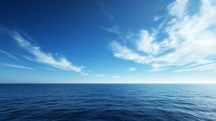 Fototapeta premium Clear blue sky stretching over the vast ocean, creating a serene and peaceful seascape. Perfect for travel, nature, and summer-themed designs.