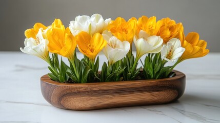Spring flowers in a wooden bowl