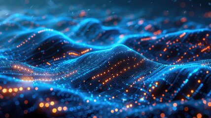 Abstract picture micro light sparkling particle represent data flow. Vivid flowing wave with high tech texture, create digital effect scene perfect for energetic and fantasy wallpaper design. AIG53.