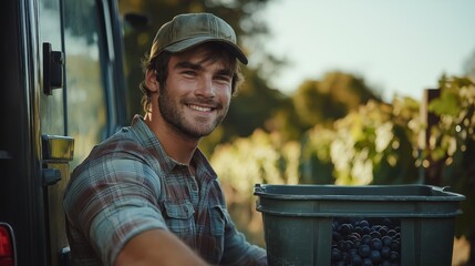 A young farmer sits on a truck with a basket of freshly harvested grapes, surrounded by lush vineyard rows. It’s a beautiful autumn day filled with warm golden sunlight