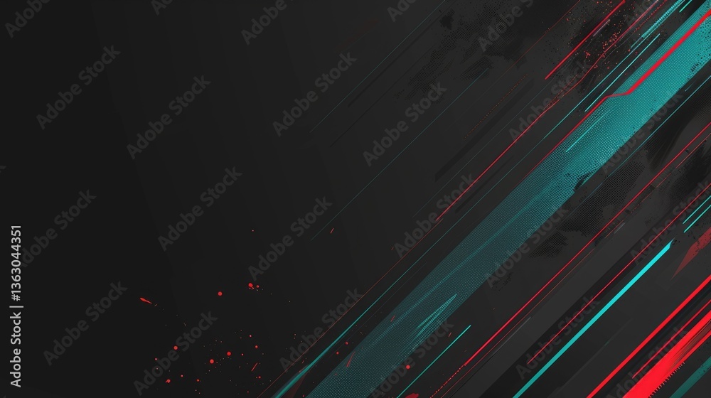 Poster abstract red and teal lines with splatter effects on dark background. background image of red and bl