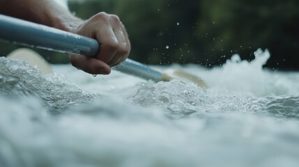 Hands gripping rafting paddles in whitewater rapids action