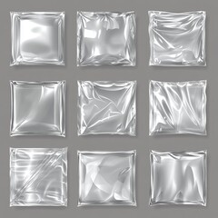 Vinyl cover with shrink effect - realistic transparent plastic package. Vector illustration set - overlay mockup of square seal wrap. Texture of cellophane or polythene wrapper with wrinkle.