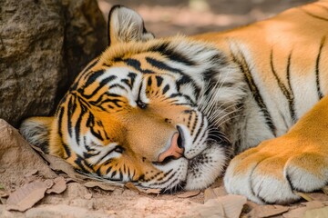 Obraz premium Serene Slumber: A Close-Up of a Majestic Tiger Resting in the Heart of Thailand's Wilderness