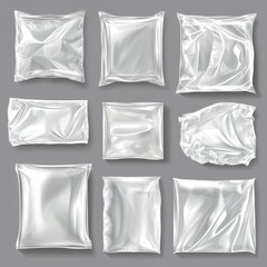 Vinyl cover with shrink effect - realistic transparent plastic package. Vector illustration set - overlay mockup of square seal wrap. Texture of cellophane or polythene wrapper with wrinkle.